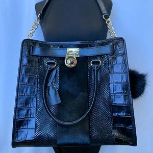 Michael Kors ‘HAMILTON’ black fur/croc/snake print structured leather handbag